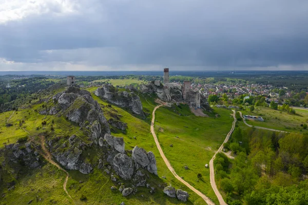 Aerial View Castle Hill Olsztyn Medieval Fortress Ruins Jura Region — Stock Photo, Image