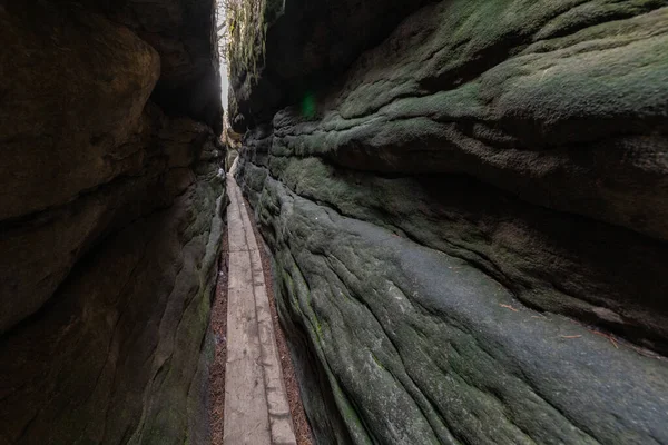 Parc National Des Monts Stolowe Promenade Bois Dans Roche Labyrinthe — Photo