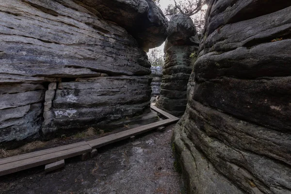 Stolowe Mountains National Park Path Rock Labyrinth Hiking Trail Bledne — Stock Photo, Image
