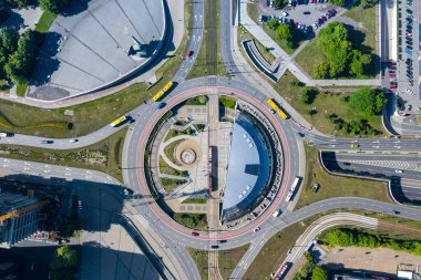 General Jerzy Zietek, Katowice, Polonya 'nın dönel kavşağının Katowice üst hava manzarası.