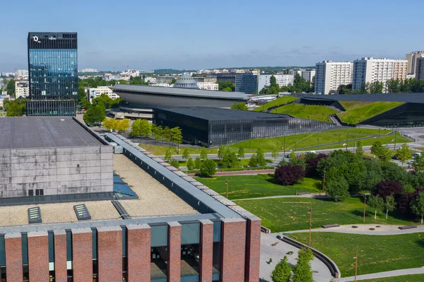 Katowice Lengyelország May 2020 Légifotó Spodek Aréna Komplex Modern Belvárosában — Stock Fotó