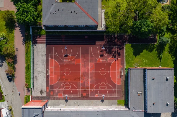 Basketball court. Top view of court and baseline. Aerial view.