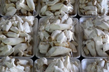 Kral istiridye ya da Eringi mantar paketi köpük tablasında satışa hazır..