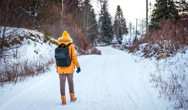 Дівчина ходить в зимовому лісі — стокове фото