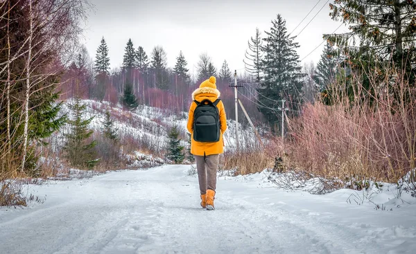 Turistické cestovatel je v zimě v lese, na zasněžené vozovce — Stock fotografie
