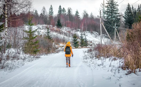 Cestovatel turistické je v zimě v lese s batohem — Stock fotografie