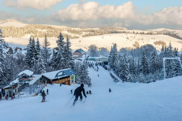 Лижні зимові види спорту на відкритому повітрі, вид на ландшафтний курорт, гірський ліс, вниз зі швидкістю руху — стокове фото