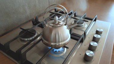 Gaz ocağında kaynamış çelik çaydanlık, ev yemeği, çay için su kaynatma.