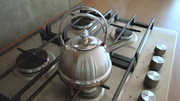 Heat Iron Kettle Home Stove Steam Boil Water Tea Cools — Stockvideo