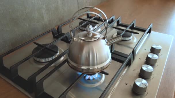 Stahl Metall Wasserkocher Der Auf Einem Gasherd Hause Kocht Hause — Stockvideo