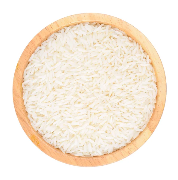 Pirinç ahşap kase üzerinde beyaz izole Üstten Görünüm — Stok fotoğraf