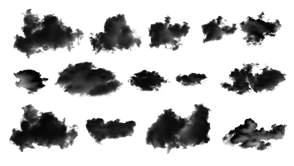 Набор черных облаков или дыма на белом фоне — стоковое фото