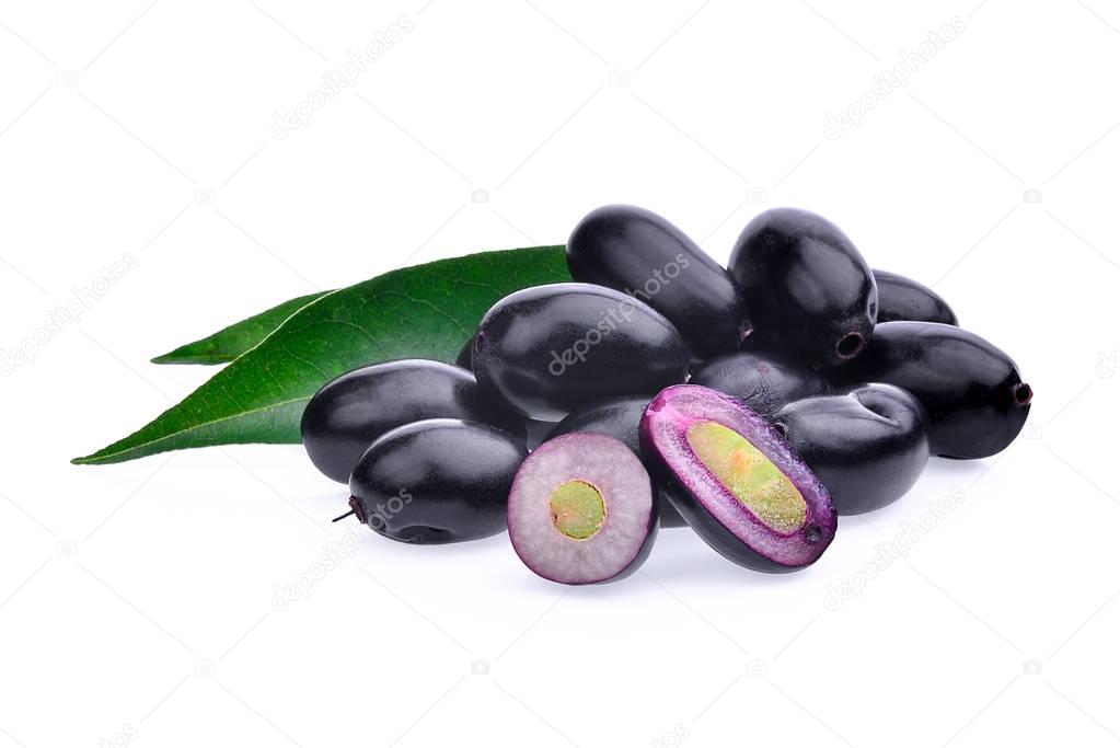 jambolan plum or Java plum with green leaves isolated on white b