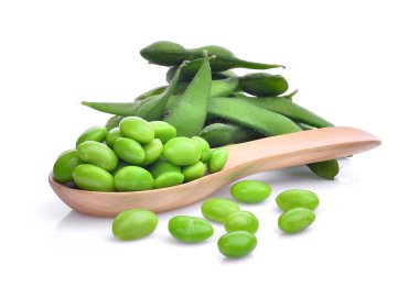 edamame green beans in wooden spoon isolated on white background clipart