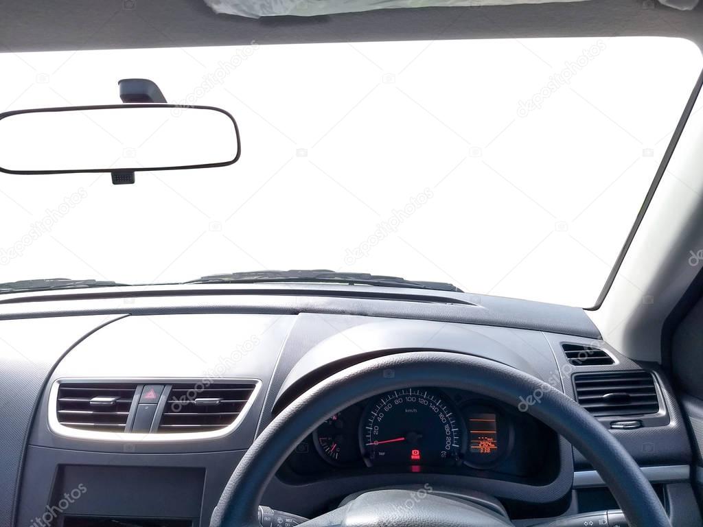 interior of right hand drive car, front view mirror with copy sp