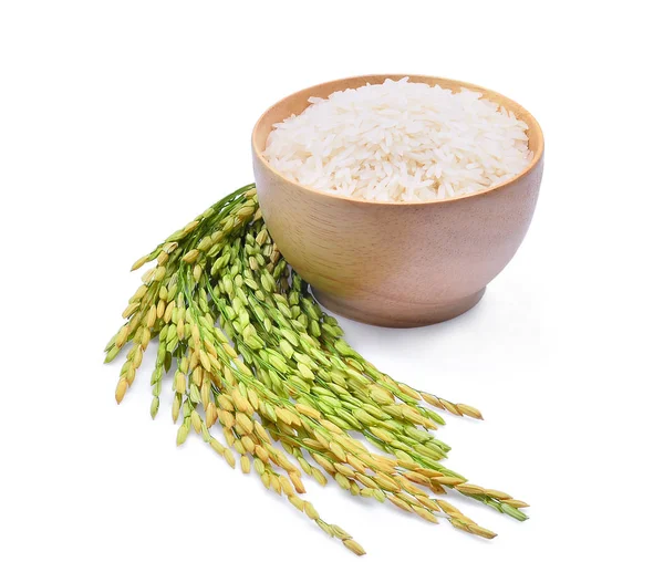 Arroz branco (arroz Jasmim tailandês) em tigela de madeira e arroz paddy verde ri — Fotografia de Stock