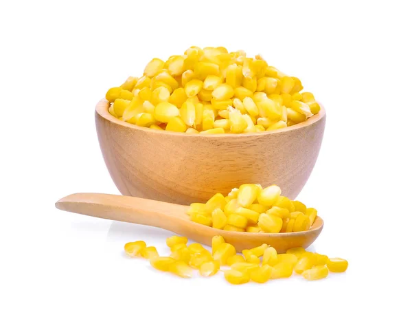 Sweet corn in wooden bowl and spoon isolated on white background — Stock Photo, Image