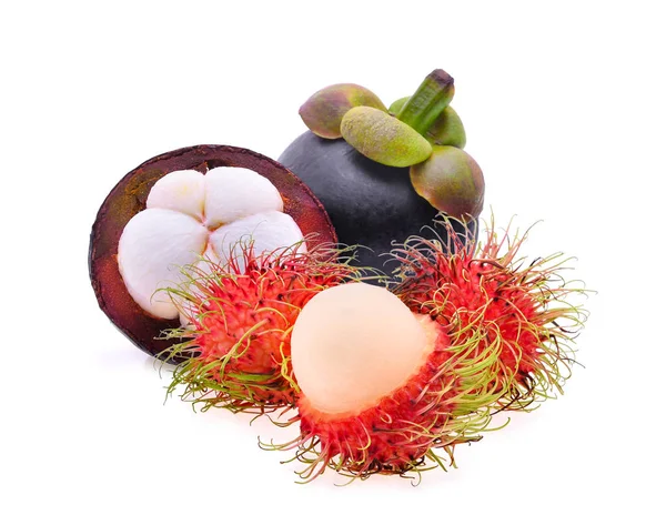 Rambutan και mangosteen που απομονώνονται σε λευκό φόντο — Φωτογραφία Αρχείου