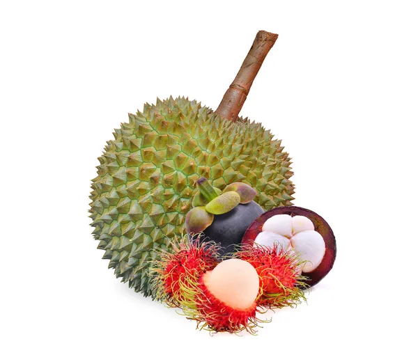 Rambutan, mangosteen και durian, τροπικά φρούτα, απομονωμένη της Πεντηκοστής — Φωτογραφία Αρχείου