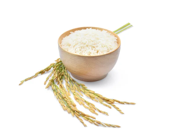 Ahşap kase ve unmilled pirinç beyaz pirinç (Tay Jasmine pirinç) — Stok fotoğraf