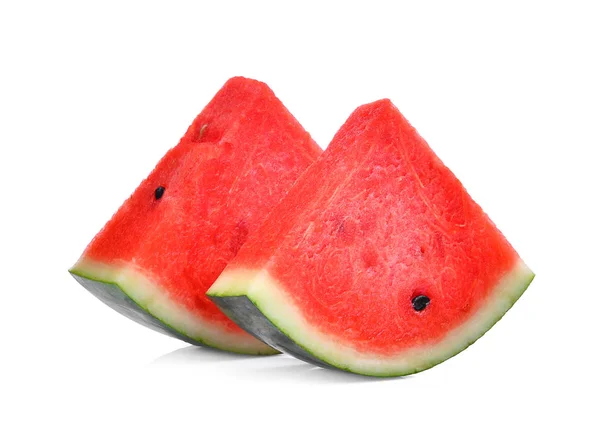 Två segment av fräsch vattenmelon isolerad på vit bakgrund — Stockfoto