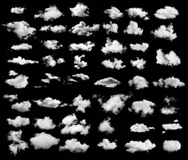 Ansammlung weißer Wolken isoliert auf schwarzem Hintergrund — Stockfoto