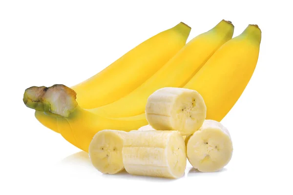 Plátano maduro con rebanada aislada sobre fondo blanco — Foto de Stock