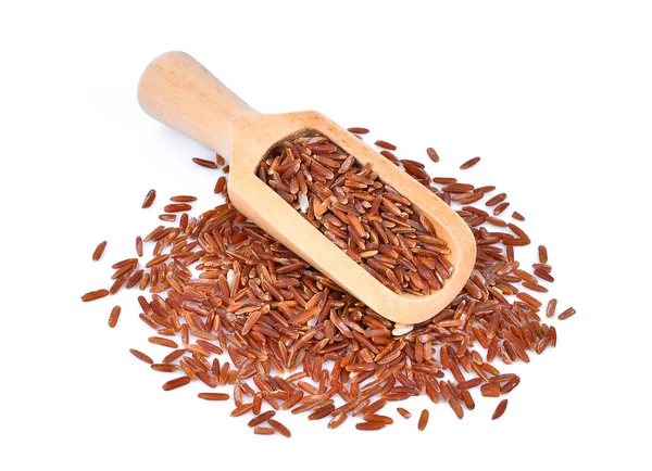 Top view of brown rice in wooden scoop isolated isolated on whit — Stock Photo, Image