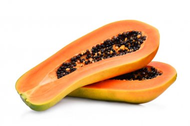 Olgun papaya meyve tohumları üzerinde beyaz adam izole ile yarısı