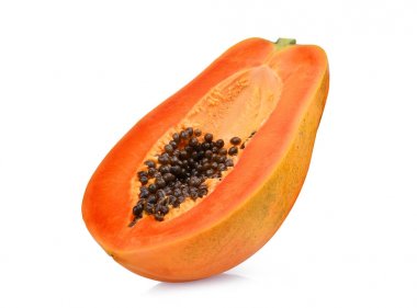Olgun papaya meyve tohumları üzerinde beyaz adam izole ile yarısı