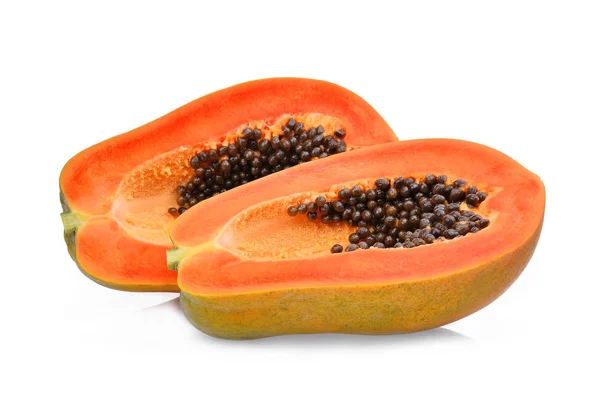 Félig érett papaya gyümölcs, magvak, elszigetelt fehér háttér mintázata — Stock Fotó