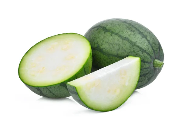 Hela och halva med skiva av unga små grön vattenmelon isolat — Stockfoto