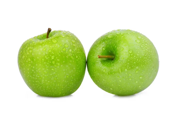 Iki bütün bütün yeşil elma veya granny smith elma w damla ile — Stok fotoğraf
