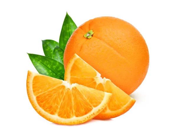 Whole and slice of orange fruit with green leaves isolated on wh — Stock Photo, Image