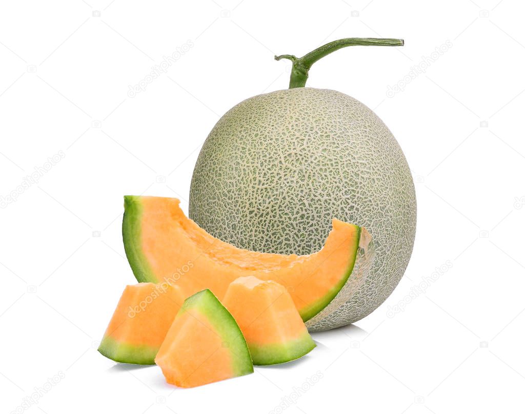 whole and slice of japanese melons, orange melon or cantaloupe m