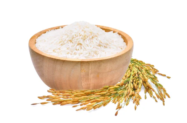 Arroz branco (arroz Jasmim tailandês) na tigela de madeira e não moído r — Fotografia de Stock