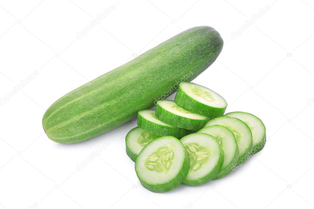 whole and slice fresh cucumber isolated on white background