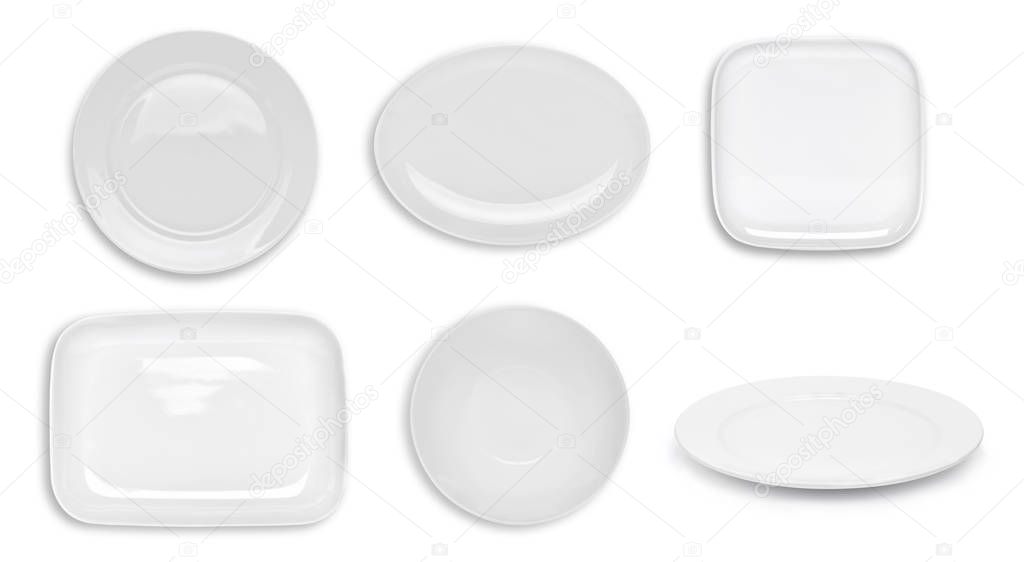 set of top view empty white plate isolated on white background