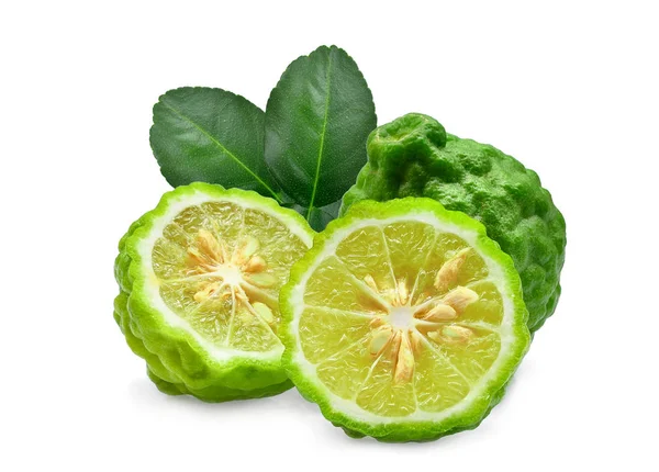 Whole and half fresh bergamot with green leaves isolated on whit — Stock Photo, Image