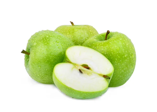Цельное и наполовину зеленое яблоко или яблоко кузнеца с каплей ва — стоковое фото