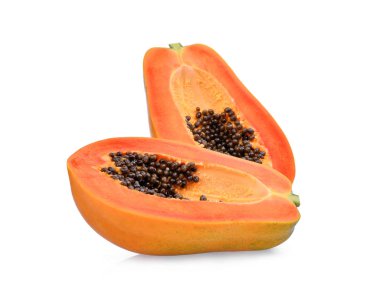 Olgun papaya meyve tohumları üzerinde beyaz adam izole ile yarısı