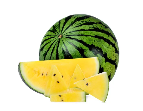 Celý a plátek žlutý meloun izolované na bílém pozadí — Stock fotografie
