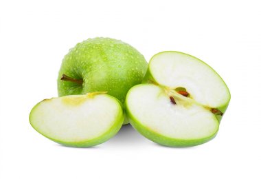 Bütün ve yarı yeşil elma veya granny smith elma wa damla ile
