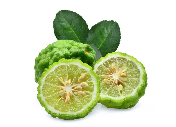 Whole and half fresh bergamot with green leaves isolated on whit — Stock Photo, Image