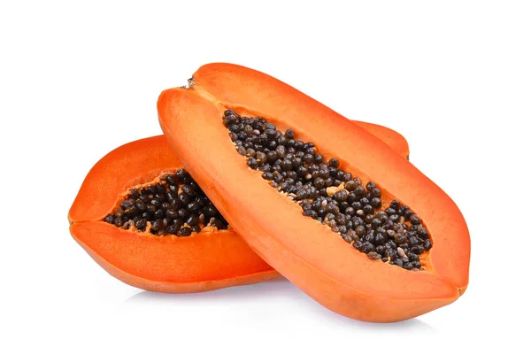 Half of ripe papaya fruit with seeds isolated on white backgroun — Stock Photo, Image