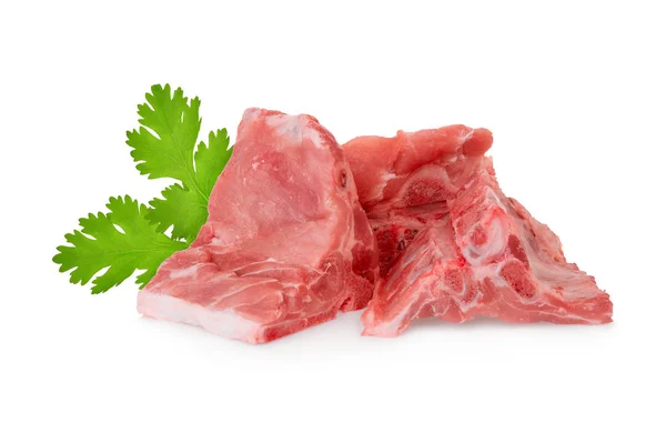 Raw pork bone with oriandrum sativum leaves isolated on white ba — Stock Photo, Image