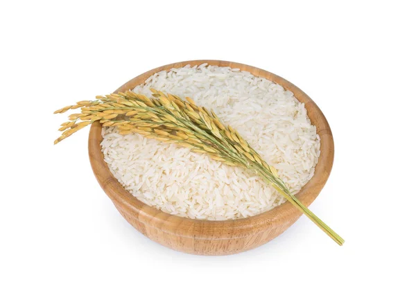 Белый рис (тайский жасминовый рис) в деревянной чаше и необмолотый р — стоковое фото