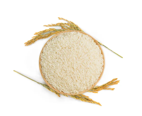 Weißer Reis (thailändischer Jasminreis) in der hölzernen Schüssel und ungefräst r — Stockfoto