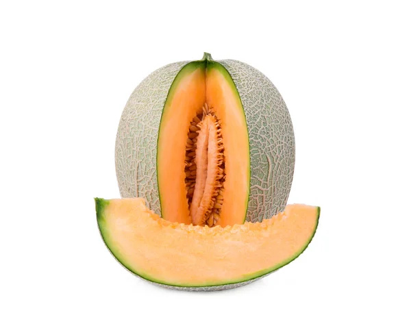 Melão laranja ou melão melão cantaloupe com fatia isolada em ba branca — Fotografia de Stock