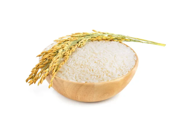 Arroz branco (arroz Jasmim tailandês) na tigela de madeira e não moído r — Fotografia de Stock